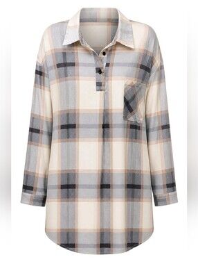 Sheilay Women’s Neutral Plaid Popover Tunic Top Size 2XL Relaxed & Classic 1045